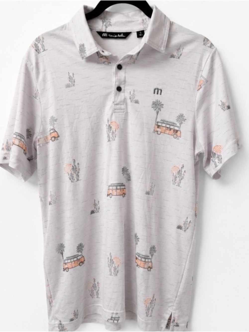TravisMathew Polo Shirt Men’s Small White Beach Van Print Performance Golf Shirt